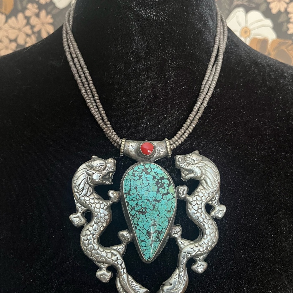 Vintage Tibetan Turquoise Stone Dragon Pendant Necklace - Teal Silver Accent